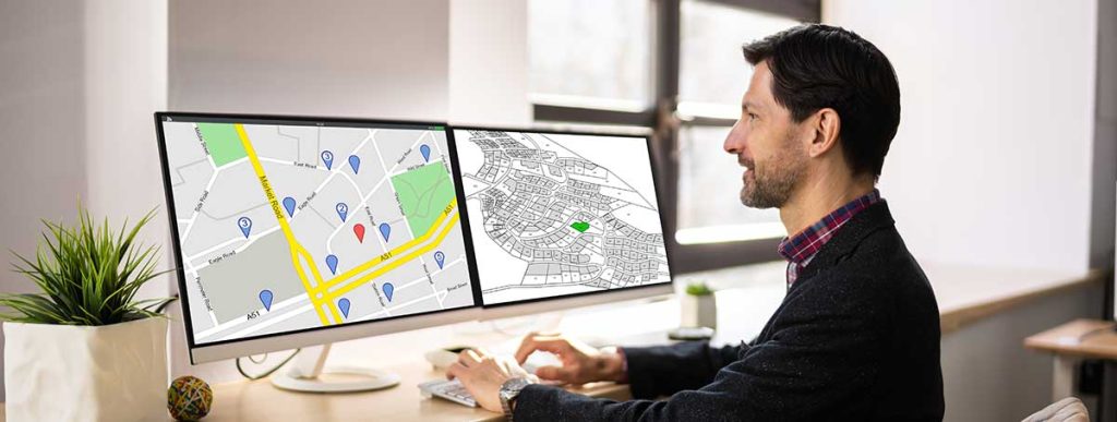 Cadastre Plot Land Map. Building Project On Computer