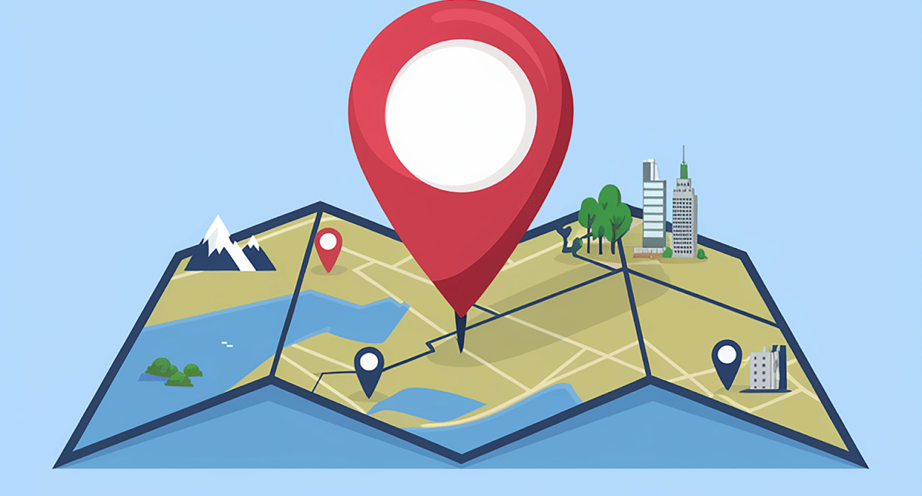Map illustration with location pins showing geofencing zones