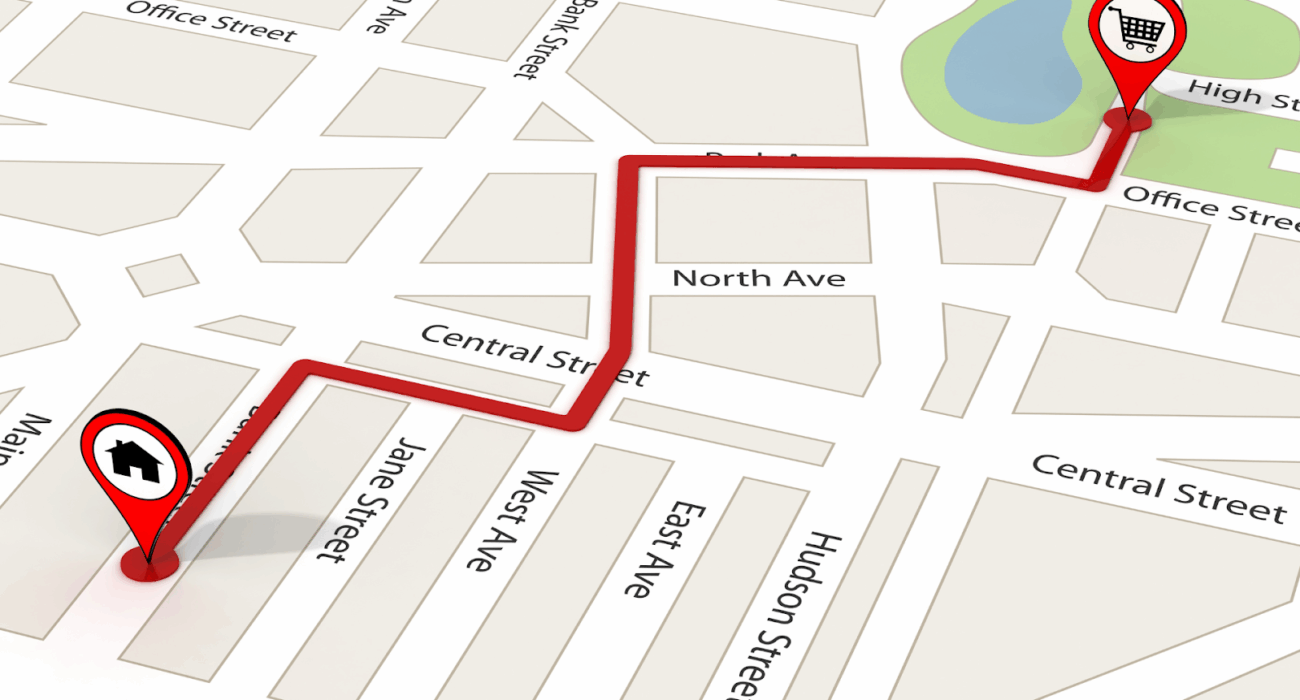 A geofencing route between two locations, symbolizing how new restrictions on geofencing affect business location targeting