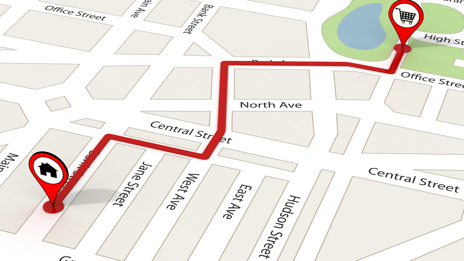 A geofencing route between two locations, symbolizing how new restrictions on geofencing affect business location targeting